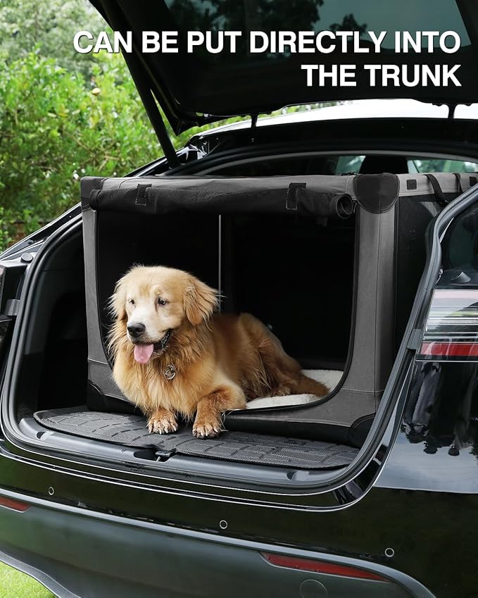 42 Inch Collapsible Travel Dog Crate for Medium Large Dogs, Portable Dog Crate 4-Door Foldable Soft Kennel with Durable Mesh Windows for Indoor & Outdoor Travel, with Storage Bag,Grey