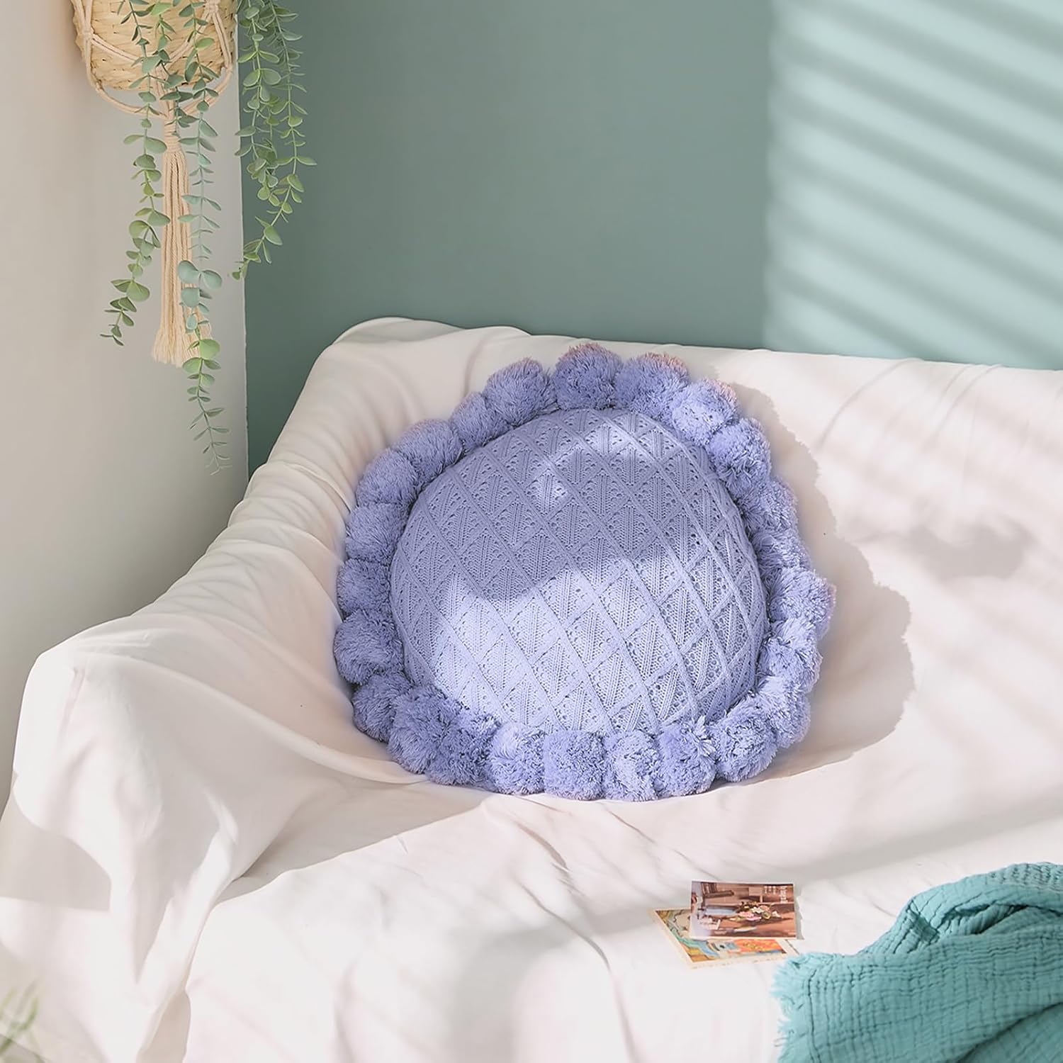 Acrylic Knitted Round Throw Pillow Knitting Bohemian Circular Cushion Pillow with Knit Handmade Pompoms Decorative Romantic Purple, Diameter 18inches