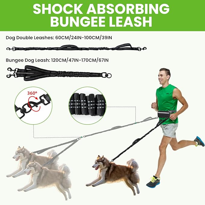 Double Leash for Two Dogs for 2 Dogs with Pouch and 4 Padded Handles for Medium to Large Dogs Running, Walking, Hiking
