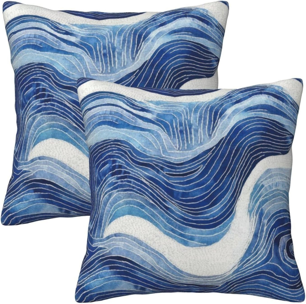 Dark Blue Navy and White Waved Pillow Covers 18x18 Inch Decorative Modern Abstract Light Blue White Pillowcases Set of 2 Farmhouse Cushion Covers for Couch Bed Sofa Farmhouse Decor