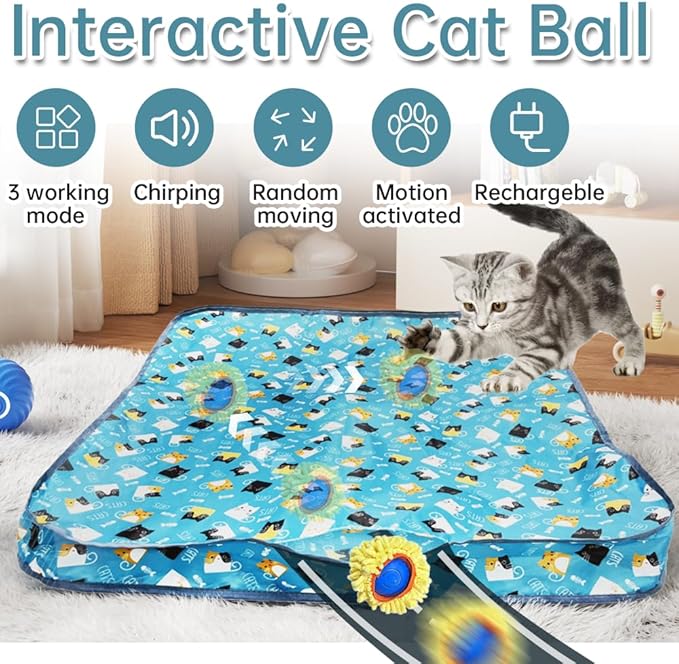 KOIJYFNL Interactive Cat Toys Ball Fast Rolling Cat Toys in Pouch, Moving Best Cats Toys for Indoor, Hide and Seek Chase Exercise Game, Motion Activate Rechargeable Kitten Toys
