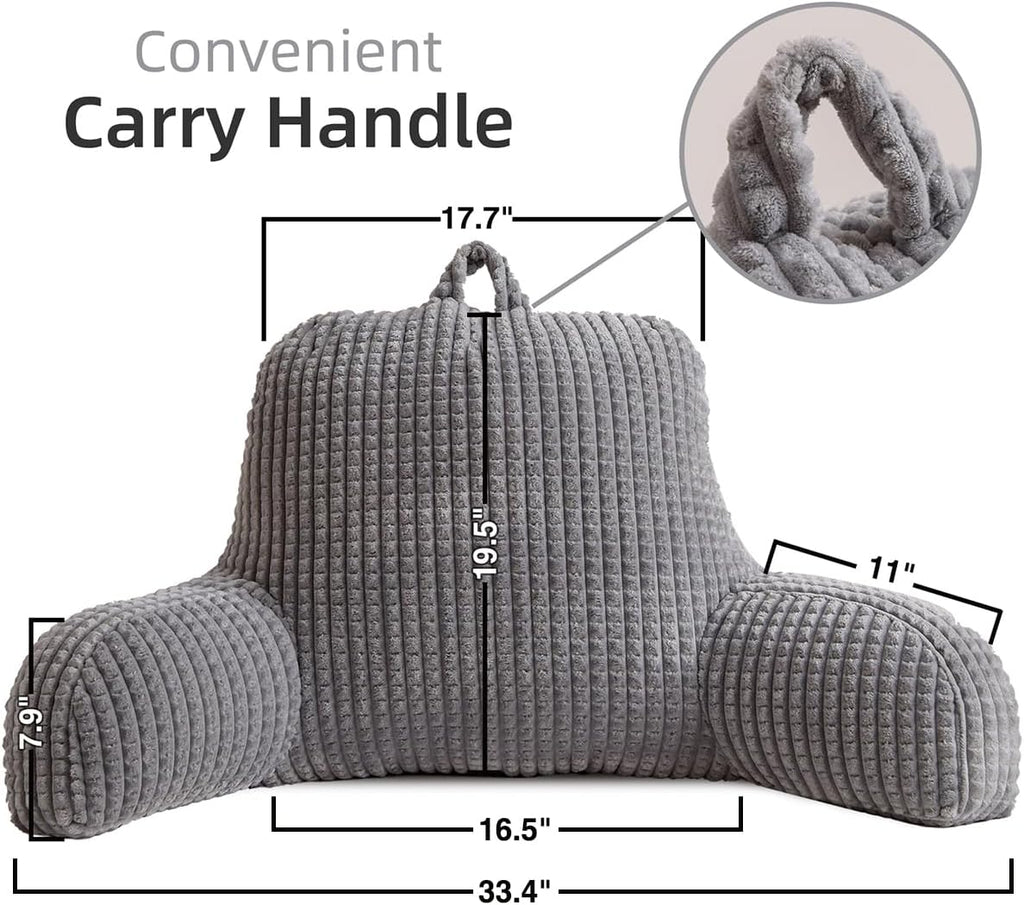 Holawakaka Reading Pillow for Bed and Sofa Couch Sitting Up, Backrest Pillows with Arms for Kids Teens Adults, Back Support Cushion for Lounging, Watching TV, Working on Laptop, Grey