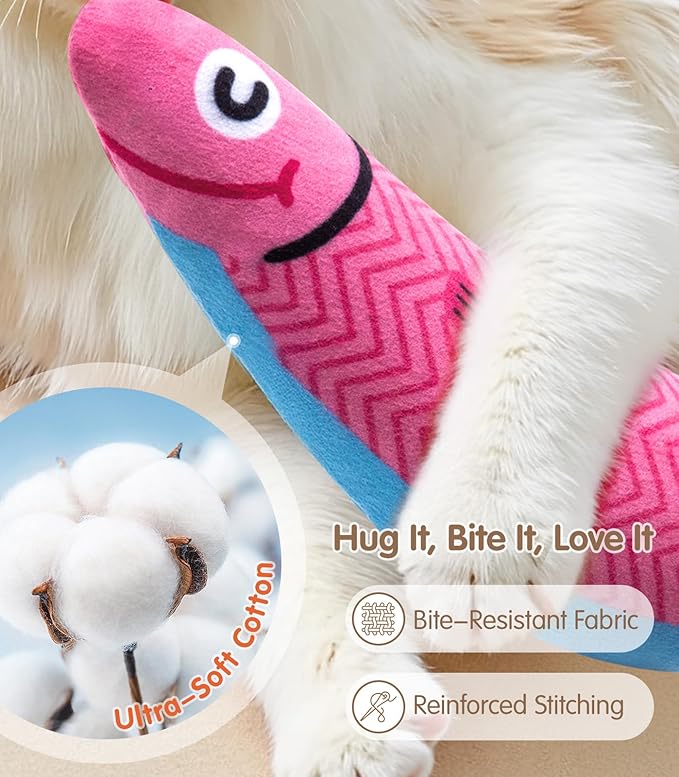 Interactive Cat Toys with [5000mg A+ Organic Catnip] [Baby Grade] Soft Chew Kicker Cat Toys for Indoor Cats & Kittens,Crinkle &Rattle Fish Sound Toy,Drives Bored Cats Crazy with Fun,2 Pack