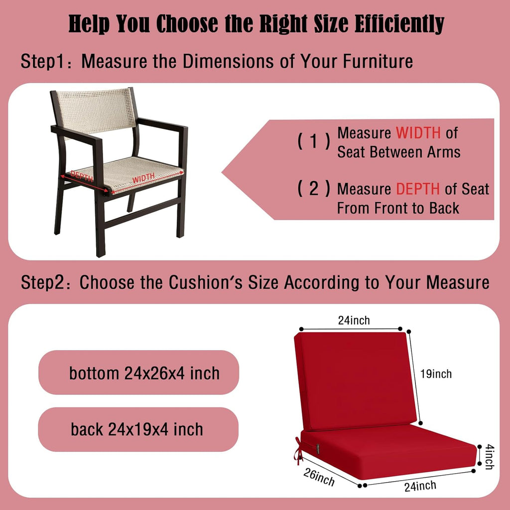 idee-home Outdoor Cushions for Patio Furniture, Outdoor Seat Cushion, Waterproof Couch Hampton Bay Deep Seat Replacement Chair Cushions for Garden Lawn Backyard Deck, 24 x 26 Red