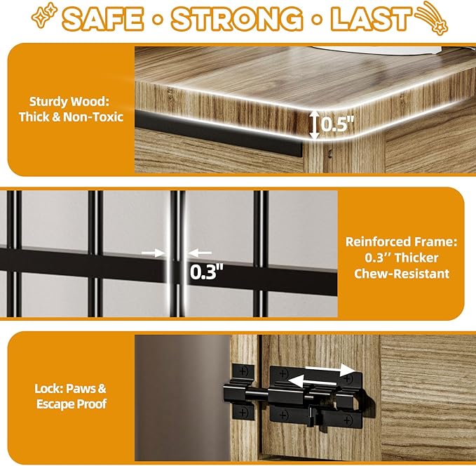 32" Dog Crate Furniture, Double Door Wooden Indoor Dog Kennel Furniture, Decorative Pet Cage End Table with Wheels for Medium and Small Breed Dogs, Size M, Rustic Brown