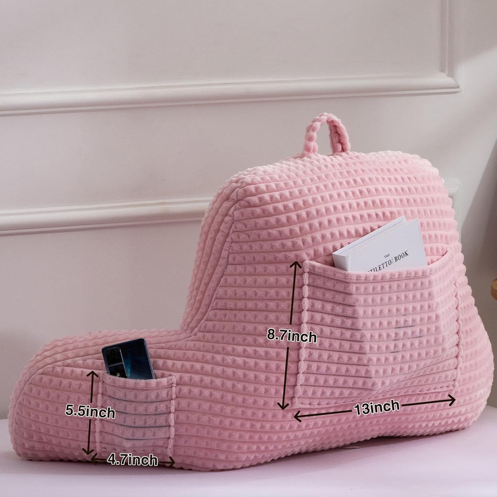 A Nice Night Reading Pillow Bed Wedge Large Adult Children Backrest with Arms Back Support for Sitting Up in Bed/Couch for Lounging Bedrest,Waffle Stereoscopic Design,Pink