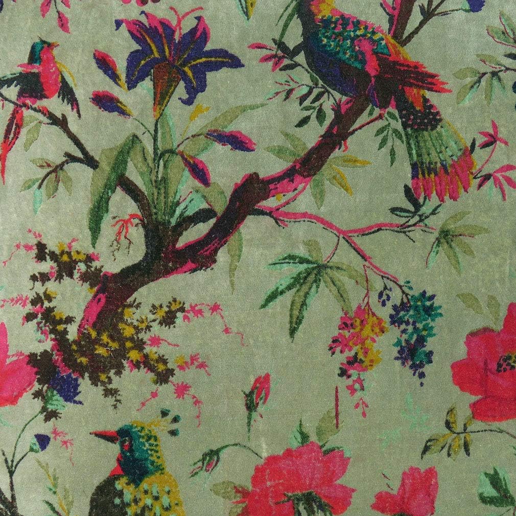 Eyes of India Velvet Floral Flower Bird Throw Pillow Sofa Cushion Cover Case Couch Colorful Boho Chic Bohemian Accent Indian Handmade (Olive Green, 16" x 16")