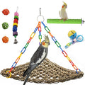 Bird Swing Toys,Parakeet Seagrass Mat,Edible Triangle Seagrass Hammock with Color Toys Handmade Woven Natural Grass Net Hanging on Parrot Cage for Budgies Lovebird Canary Cockatiel Finch Hamster