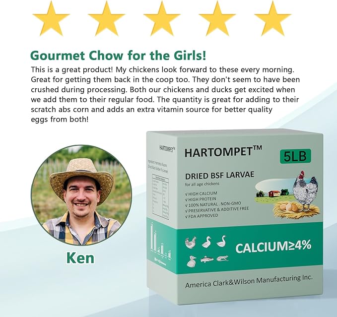 HARTOMPET Better Than Dried Mealworms for Chickens 5 lbs - 85X Calcium Than MealWorms - Non-GMO Chicken Feed Additive - Black Soldier Fly Larvae Treats for Hens, Ducks, Wild Birds