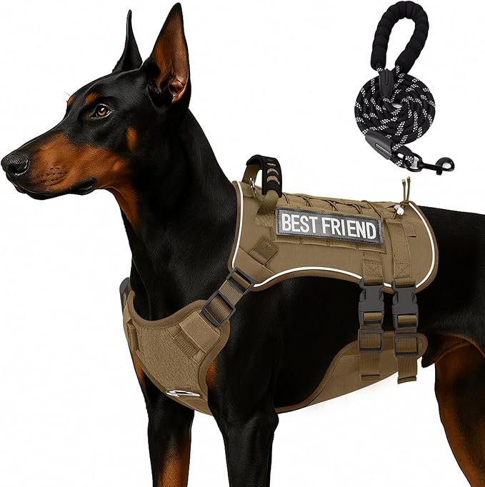 Tactical Dog Harness for Small Dogs,No Pull Dog Harness and Leash Set,Patches,Reflective Function,Dog Vest Harness for Training and Walking,Brown S