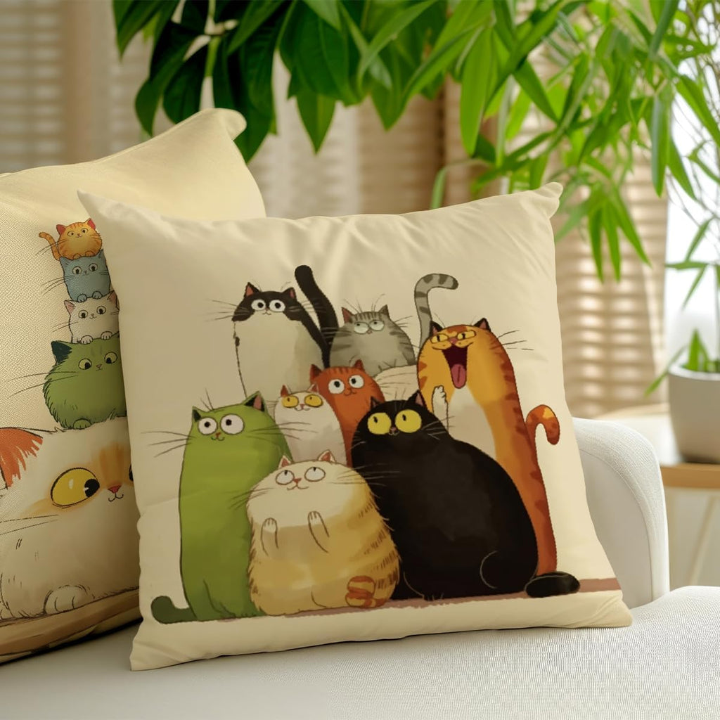 2 Pcs Whimsical Cat Throw Pillow, Throw Pillow Cover Lovely Multicolor Cartoon Cats Decorative, Suitable for Couch Sofa Bed Bedroom Apartment Dorm Living Room Office Home Decor