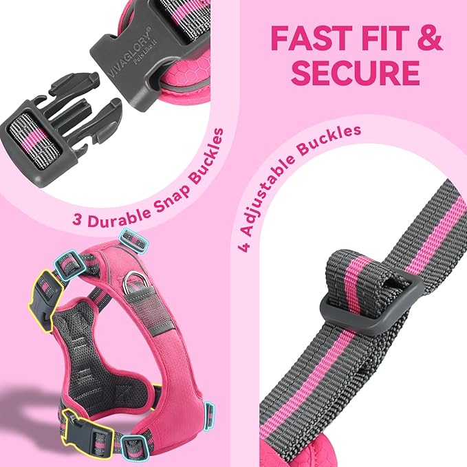 VIVAGLORY Dog Harness Easewalk No Pull Dog Harness with Handle & Front Back Clip for Training Lifting, Easy On Adjustable Padded No Pull for Pet & Puppy, XL, Pink