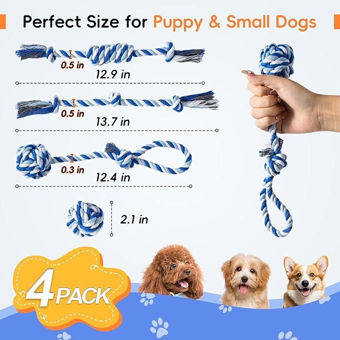 wodoca Dog Rope Toys 4 Pack, Puppy Teething Cotton Knot Chew Rope for Small Medium Dogs, Interactive Tug of War Dog Toys for Boredom, Teeth Cleaning