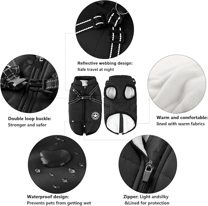 Aiboria Dog Coat for Winter Waterproof Dogs Jackets Windproof Fleece Dog Vest Harness Winter Warm Padded Pet Black 3XL