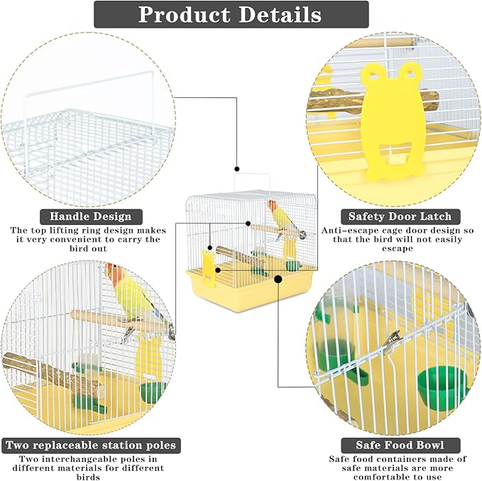 Small Bird Cage, Lightweight for Parakeets, Hanging for Parrot, Travel for Cockatiel, Outdoor Budgie, Pet Products Flat Top Economy Small Animal Cage with Stand Accessories with White Wire, Yellow