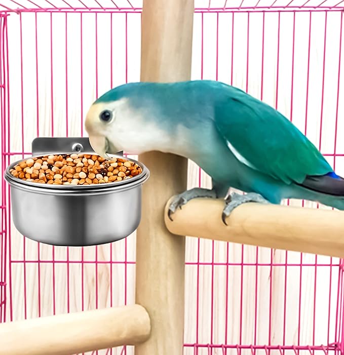 MotBach 3 Pack Bird Feeding Bowls Cups Parrot Food Water Dishes, Stainless Steel Bird Bowl Cup Dish with Clamp, Birdcage Feeder Pet Cage Bowls for Cockatiel Budgie Conure Macaw Parakeet Small Animal