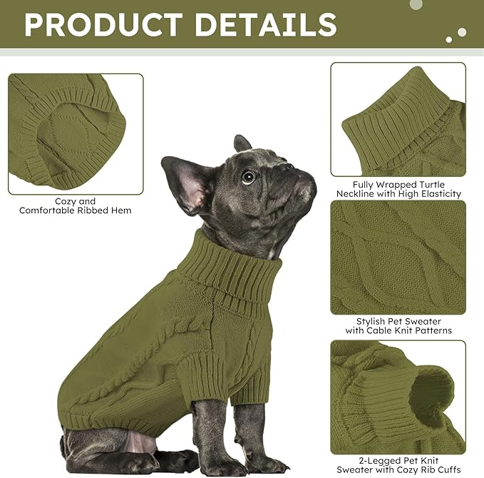 Queenmore Small Dog Pullover Sweater, Cold Weather Cable Knitwear, Classic Turtleneck Thick Warm Clothes for Chihuahua, Bulldog, Dachshund, Pugl,OliveGreen,L