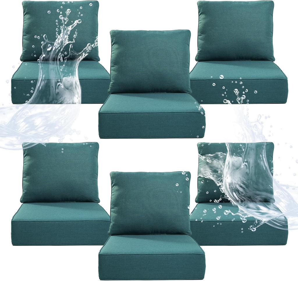 6" Thicker Outdoor Chair Cushion 6 Sets - 24" *24" *6" Waterproof Patio Furniture Cushions with Removable Cover, 28D High Density Sponge Filling Thicken Outdoor Patio Cushions - Peacock Blue