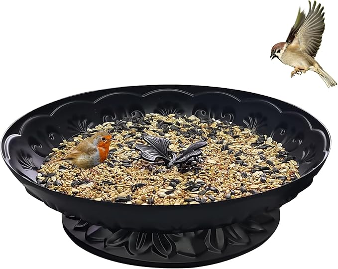 Ground Platform Bird Feeder Tray,11” Metal Large Standing Bird Feeder Mesh Seed Tray，for Outdoor Garden (Black-1 Pack)
