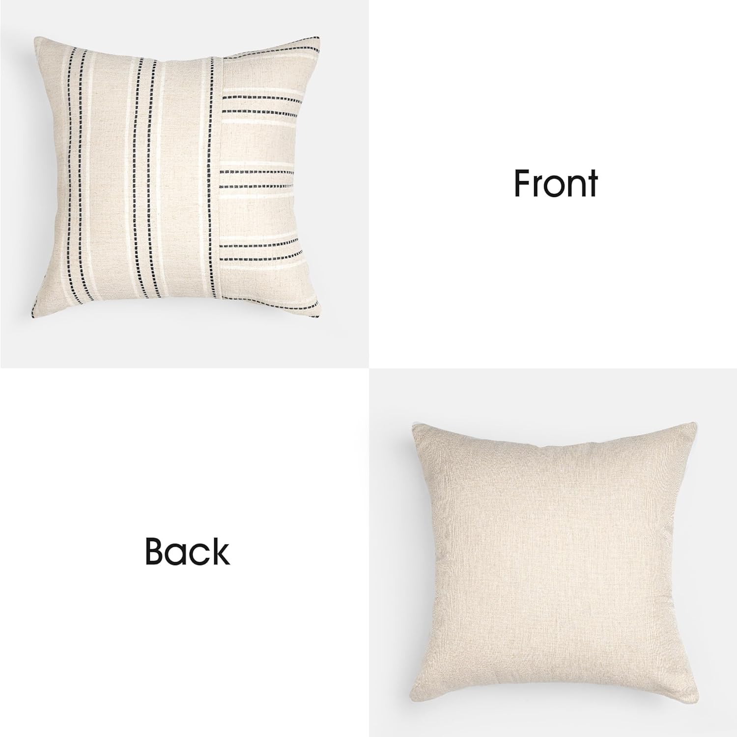 AELS 24x24 Decorative Farmhouse Linen Throw Pillow Covers, Boho Textured Pillow Case, Set of 2, Beige with White & Black Stripe Patchwork Cushion Cover for Sofa Couch Living Room (Cover ONLY)
