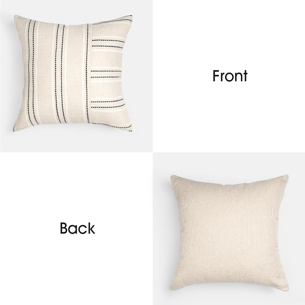 AELS 22x22 Decorative Farmhouse Linen Throw Pillow Covers, Boho Textured Pillow Case, Set of 2, Beige with White & Black Stripe Patchwork Cushion Cover for Sofa Couch Living Room (Cover ONLY)