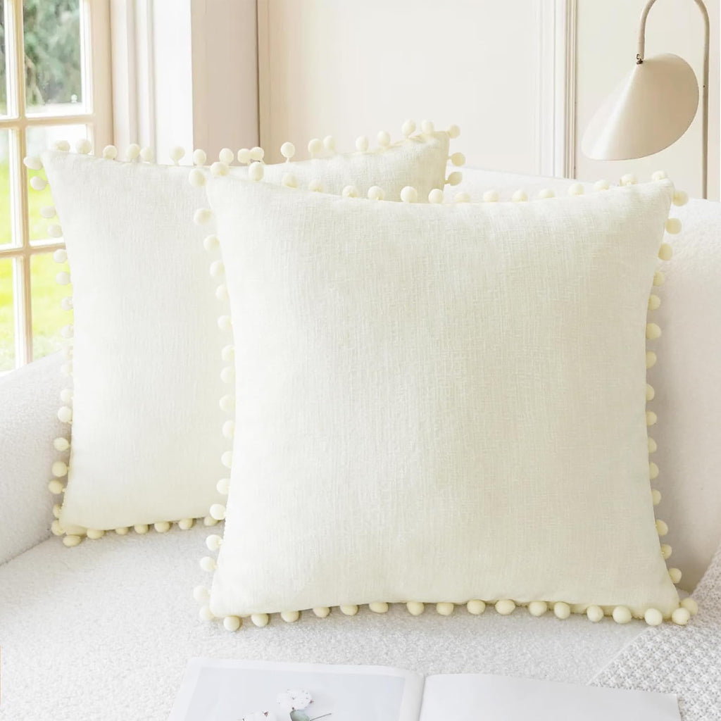 CaliTime Throw Pillow Covers Decorative 16 X 16 Inches Pack of 2 Cozy Solid Dyed Soft Chenille Cushion Cases with Pom Poms for Couch Sofa Bed Living Room Home Cream