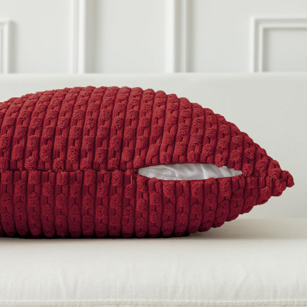 Kevin Textile 14x36 Inch Long Lumbar 1 Pack Boho Decorative Throw Pillow Cover Soft Striped Corduroy Rectangle Cushion Case Farmhouse Solid Color Accent for Living Room Couch Sofa Bed, Burgundy