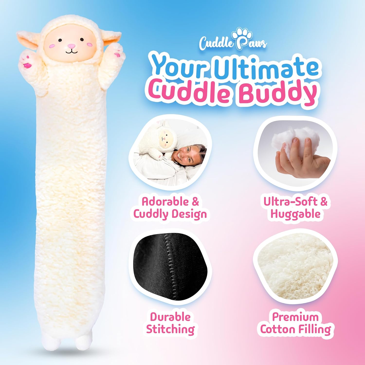 Lamb Plush Body Pillow for Kids | Long Stuffed Animal Cuddle Pillow | Soft Hugging Toy | Plushie Gift for Girls & Boys | Long Plush Body Pillow for Sleep & Comfort | Large, 47 Inches