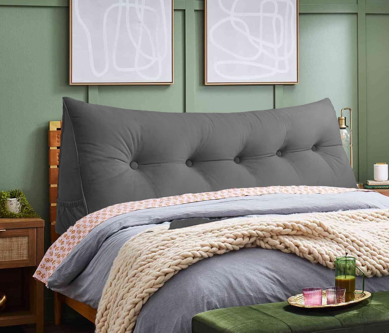 Triangular Reading Bed Rest Pillow Large Bolster Cushion Headboard Backrest Wedge Pillow with Removable Cover and Two Large Side Pockets (Grey, California King: 71 x 8 x 20 inches)