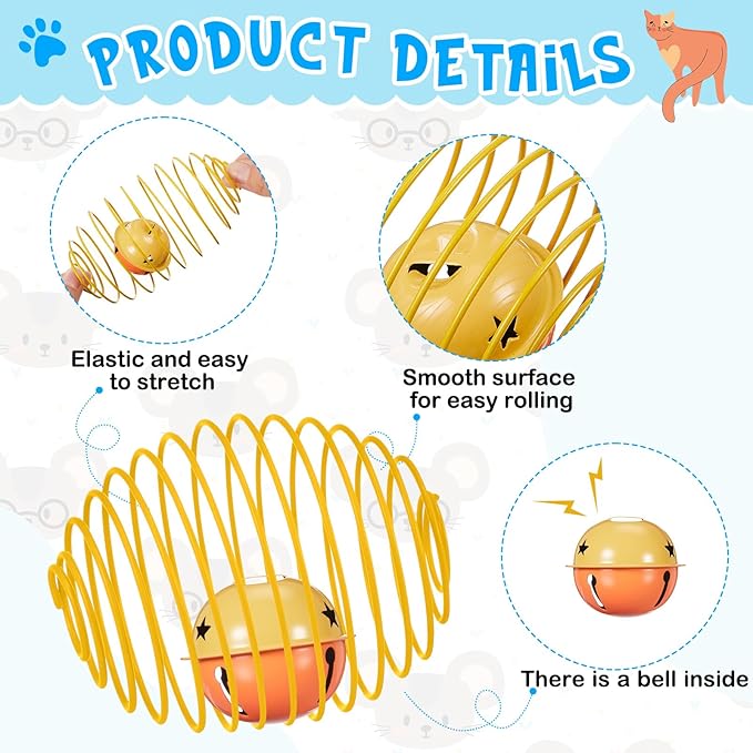 Jecery 5 Pcs Cat Spring Balls Stretchable Springs Toys Rolling Balls Colorful Playful Coils Interactive Spring Action Toy Caged Rats for Kitten Cat Pet Supplies Indoor (Bell,Multicolor)