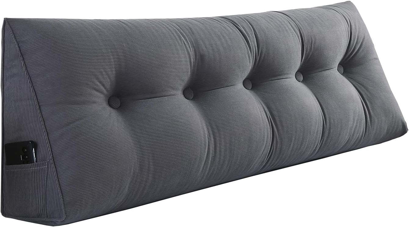 Husband headboard Pillow Large Back Rest Support Reading Pillows for Sitting in Bed for Adults Triangle Velvet Wedge Pillow headboard Queen Size, Grey