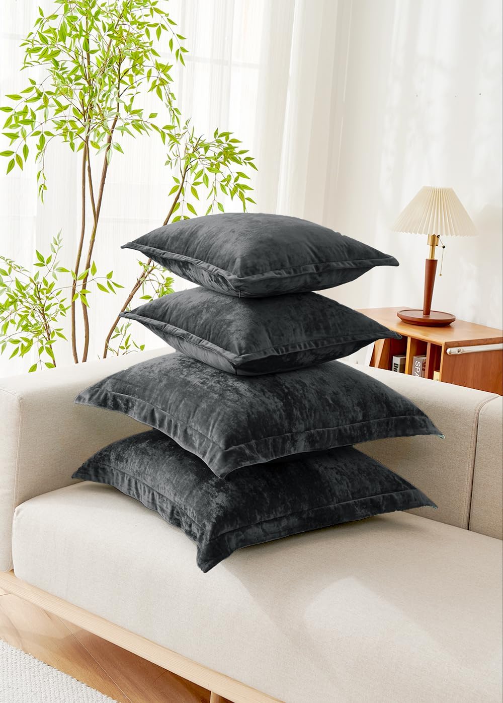 Luxurious Velvet Euro Shams Decorative Throw Pillow Covers 26x26 Set of 2 Solid Square Euro Pillow Shams for Sofa Couch Bedroom, Black