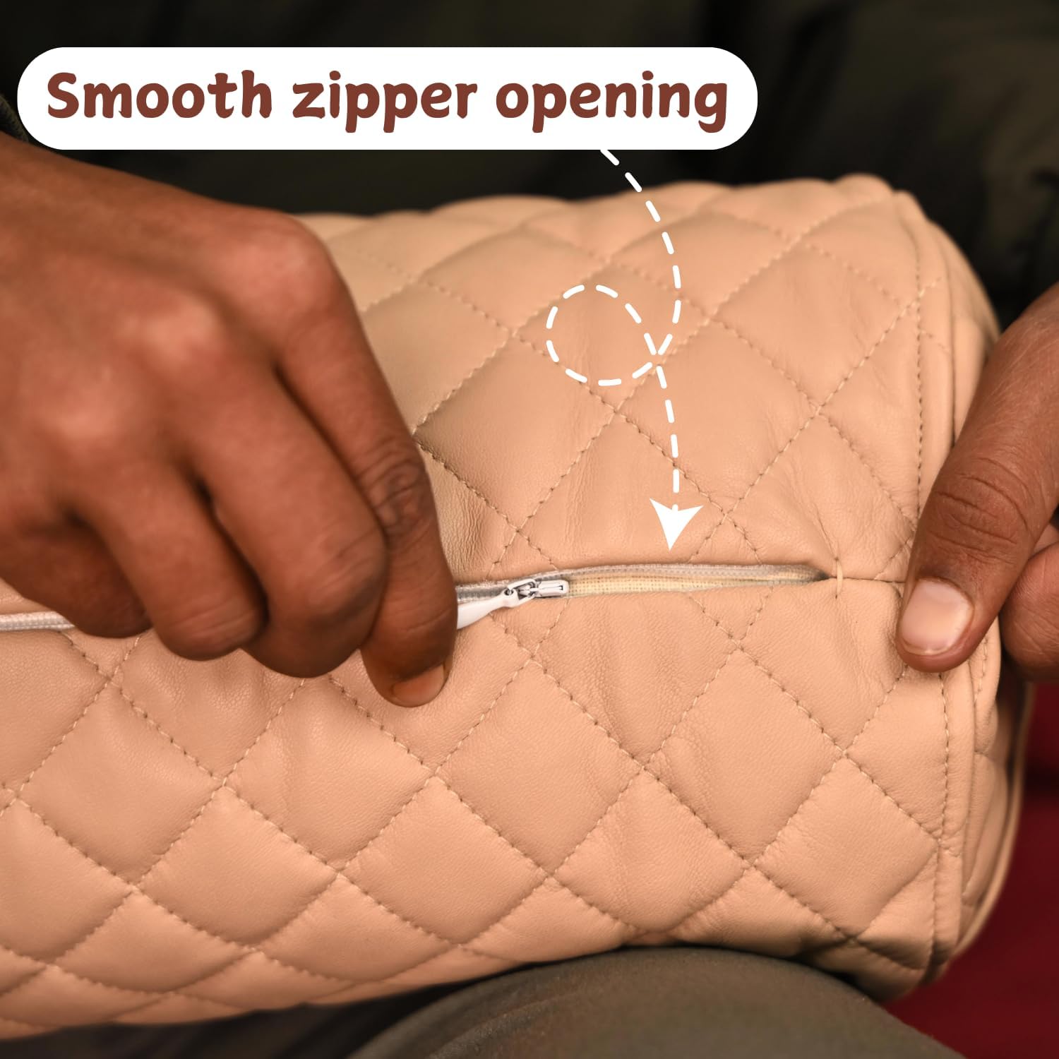 Neck Roll Pillow Cushion Cover, 16x6 Inch Full Moon Round Bolster Pillow Case, Cylinder Soft Lambskin Leather Pillowcase for Head, Spine & Neck Support During Sleep - Quilted Beige Pack of 1