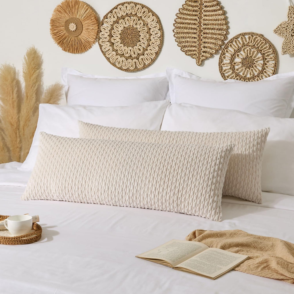 Kevin Textile 20x54 Inch Long Body Lumbar 1 Pack Boho Decorative Throw Pillow Cover Soft Striped Corduroy Rectangle Cushion Case Farmhouse Accent for Living Room Couch Sofa Bed, Cream White
