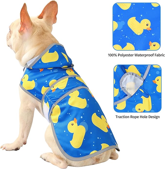 Dog Raincoat for Medium Dogs Waterproof Hooded Rain Jacket with Reflective Strips Leash Hole & Poncho Adjustable Fit (ShinyDuck,M)