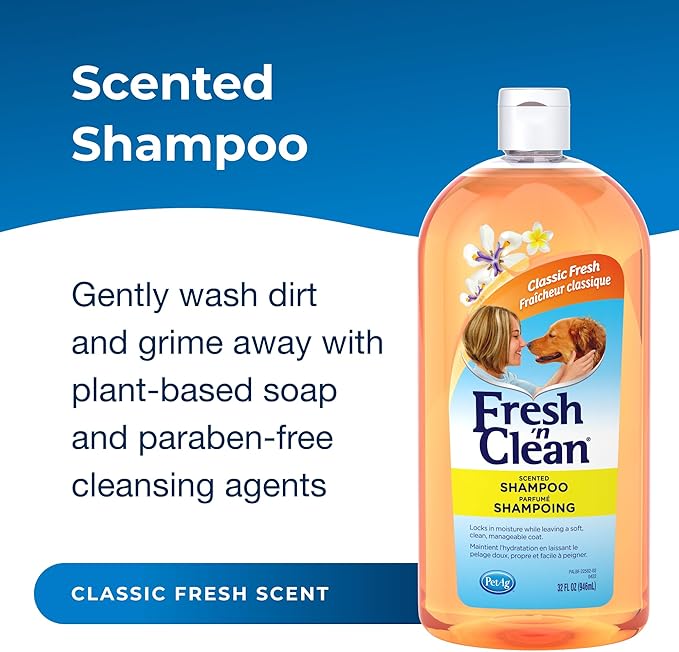 PetAg Fresh ’n Clean Scented Shampoo, Classic Fresh Scent - 32 oz - Moisturizes with Vitamin E & Aloe Vera - Strengthens & Repairs Coats - Soap Free