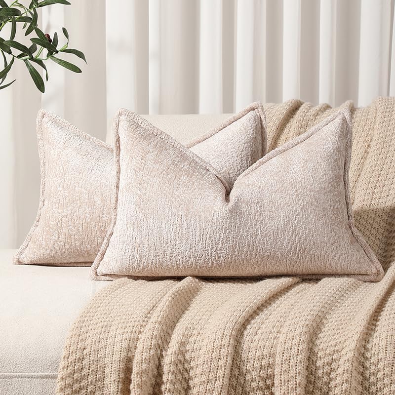 Pack of 2 Tan Decorative Throw Pillow Covers 12x20 Cozy Soft Chenille Accent Vintage Rectangular Lumbar Couch Pillow Covers for Home Decor Bed Sofa Living Room