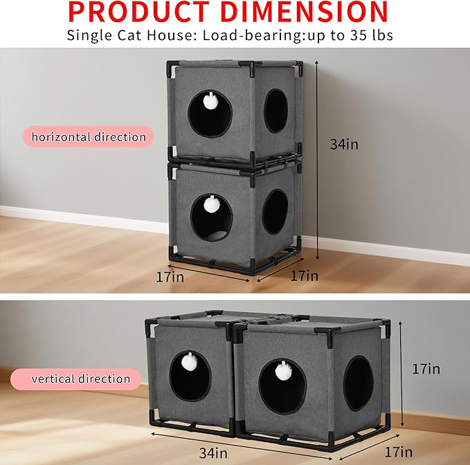 2-Story Cat House for Indoor Cats - Large Cat Cave Bed with Soft Velvet Pad and Fluffy Ball，Stable and Easy to Assemble Kitty Fort, Muti-Functional Cat Condo， Grey