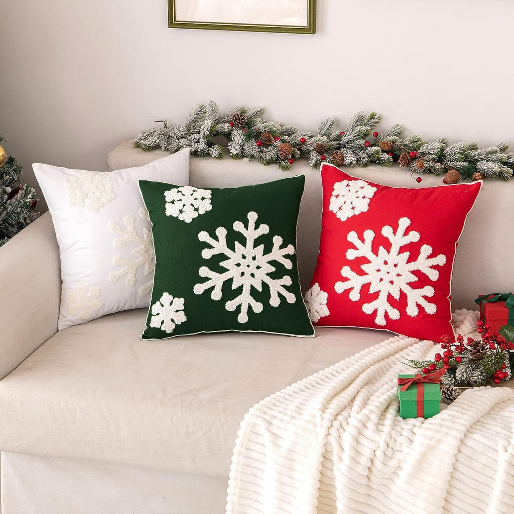 MIULEE Pack of 2 Christmas Decorative Snowflake Throw Pillow Covers Canvas Embroidery Winter Cushion Cases Holiday Decor Soft Pillowcases for Winter Couch Sofa Bedroom Car（Dark Green, 16x16in）
