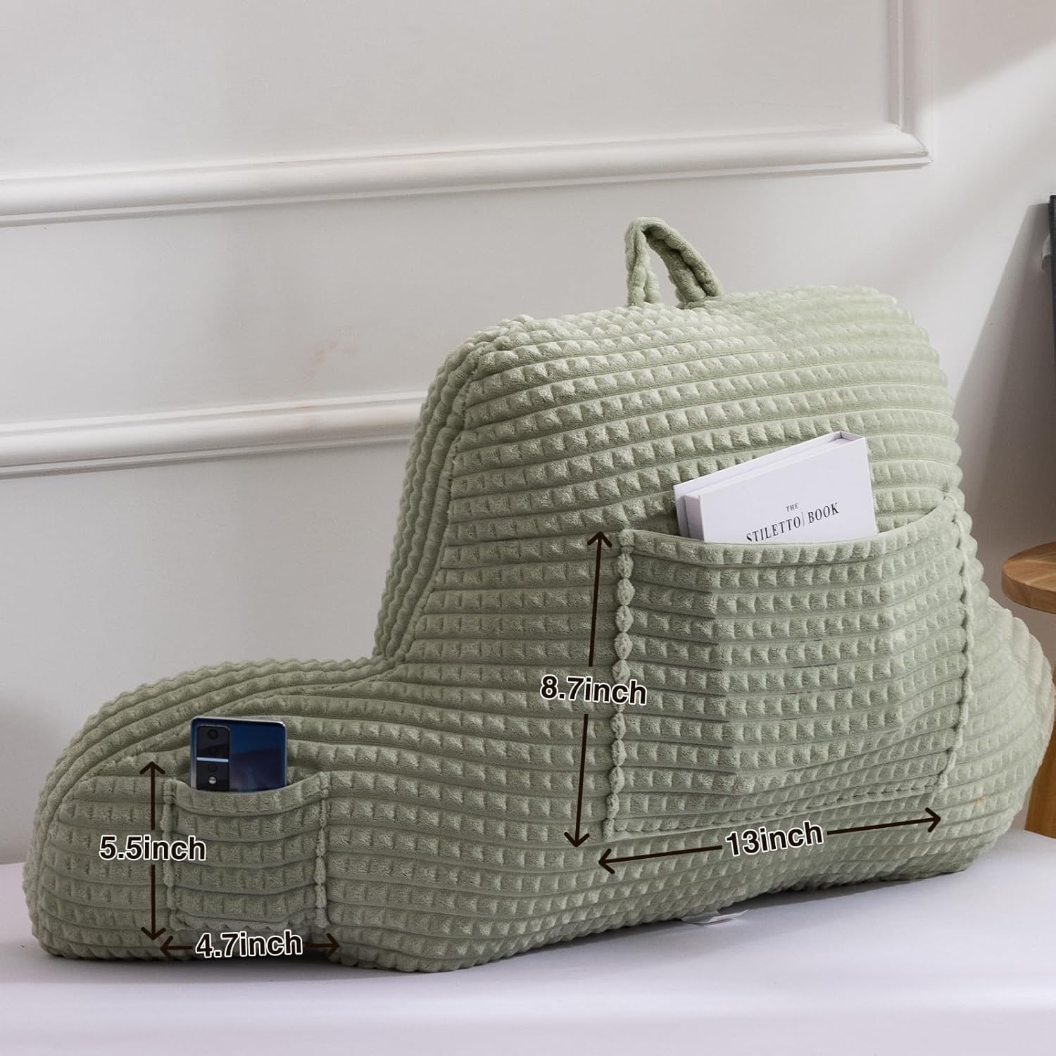 A Nice Night Reading Pillow Bed Wedge Large Adult Children Backrest with Arms Back Support for Sitting Up in Bed/Couch for Lounging Bedrest,Waffle Stereoscopic Design,LightGreen