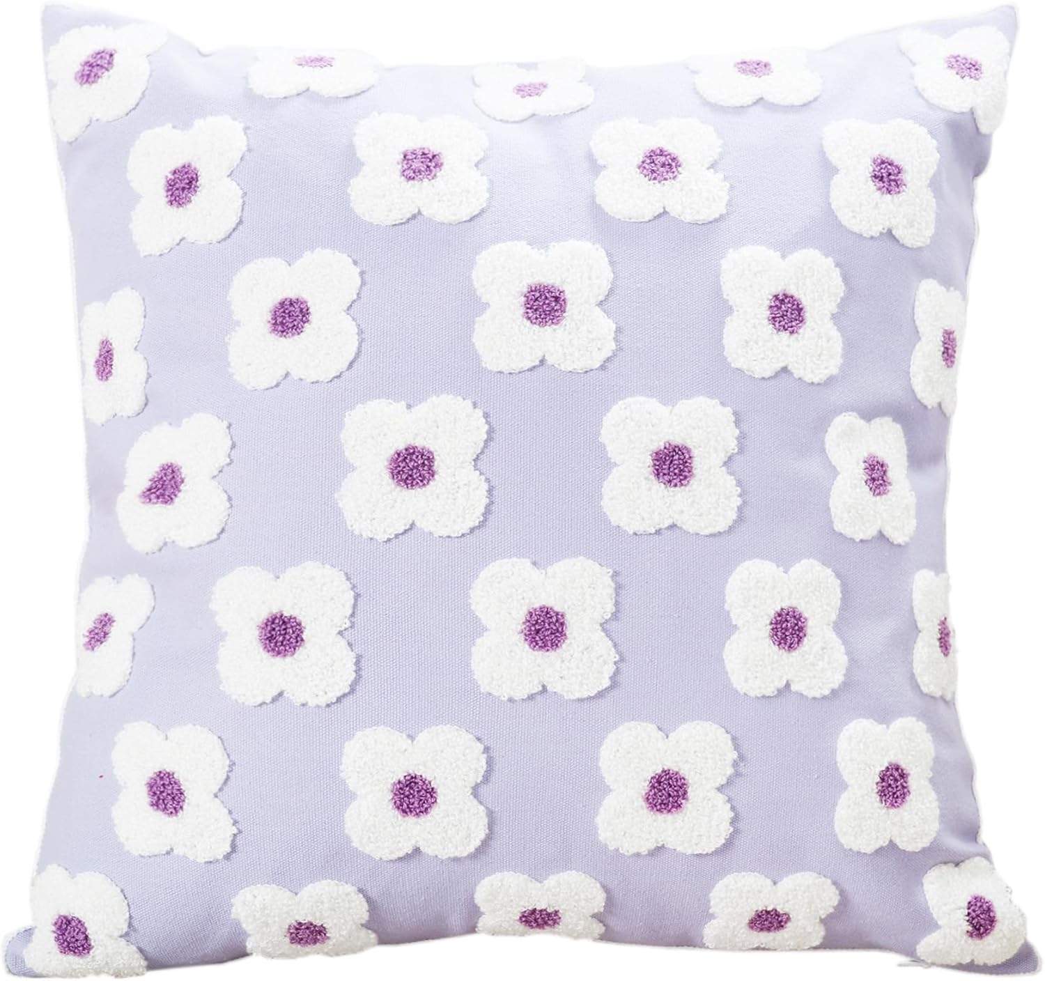 DECOBIRD Embroidery Throw Pillow Cover 20x20 Light Purple Floral Design Home Decor Loop Embroidered Pillow Case Thick Cotton Canvas Square Cushion Cover for Couch 50x50cm, 4 Petal Flowers 1 Piece