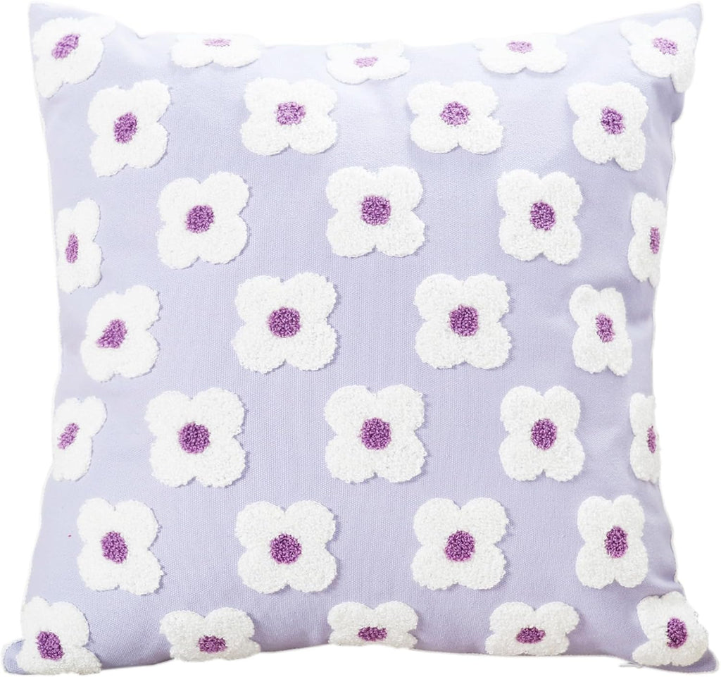 DECOBIRD Embroidery Throw Pillow Cover 18x18 Light Purple Floral Design Home Decor Loop Embroidered Pillow Case Thick Cotton Canvas Square Cushion Cover for Couch 45x45cm, 4 Petal Flowers 1 Piece