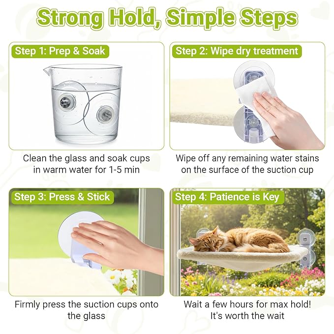 Cordless Cat Window Perch, Foldable Cats Hammock Window Bed with Metal Frame, Soft Cover, Large Suction Cups, Indoor Kitten Window Resting Seat for Spring/Fall, Creamy