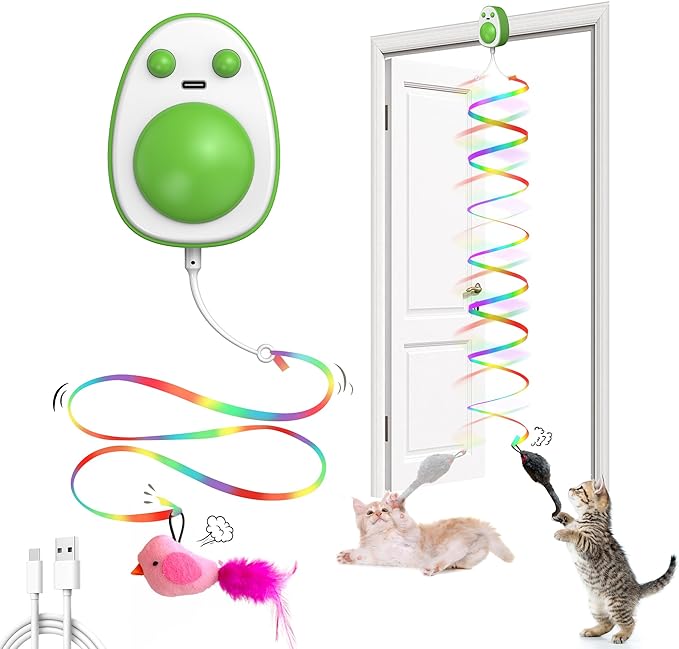 Automatic Hanging Door Cat Toy,Electric Interactive Cat Toys-Flying Bird &Mouse Wand & Ribbon Wand,USB-Rechargeable Self Play Feather Chase/Hunt Cat Toys for Bored Indoor Adult & Kitten Cats