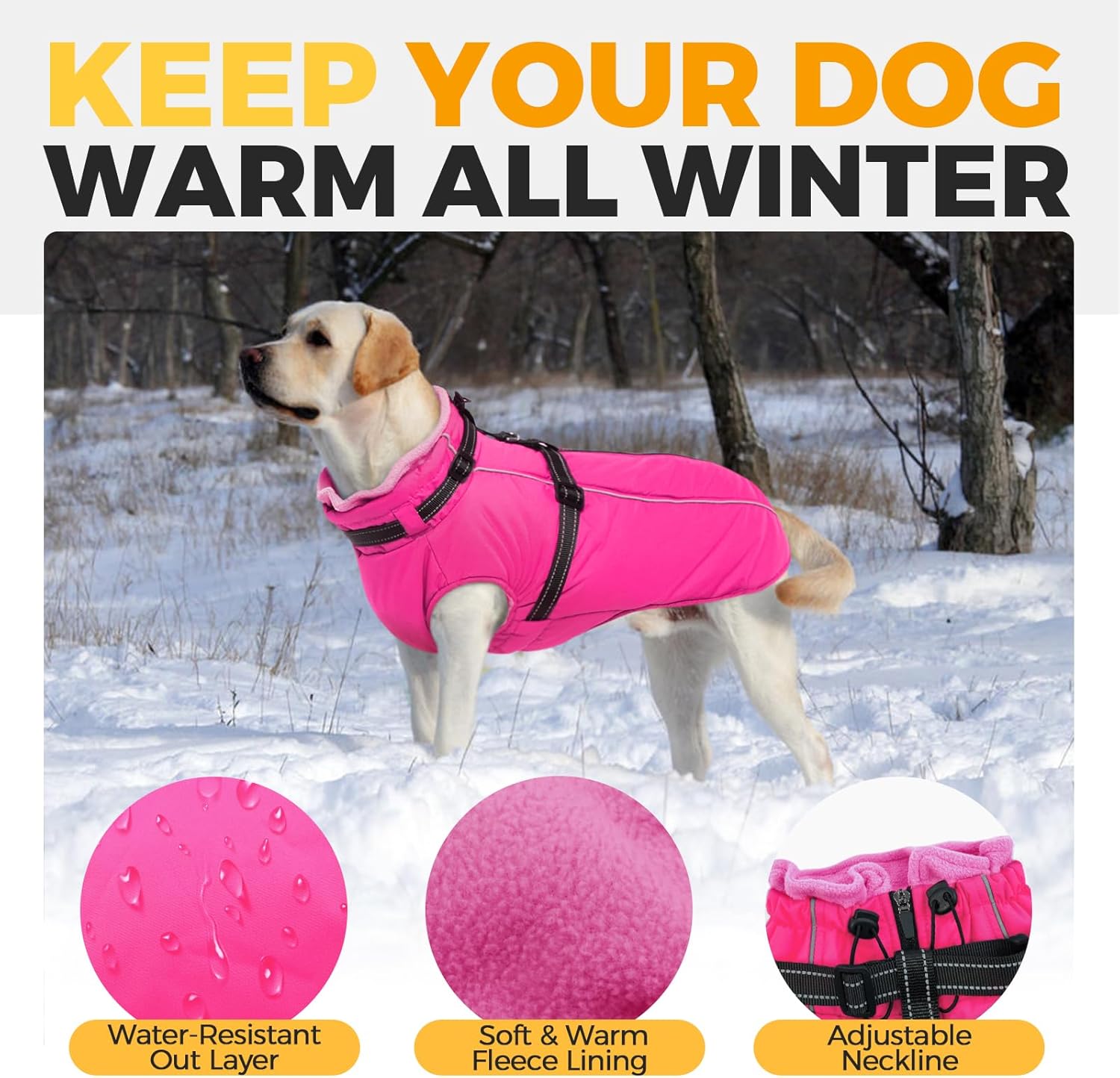 Lelepet Dog Winter Coat Waterproof Dog Jacket with Harness Built in Windproof Reflective Pet Coats for Small Medium Large Dogs, Thermal Fleece Lined Coats for Cold Weather Walking Hiking, Rose Red XXL