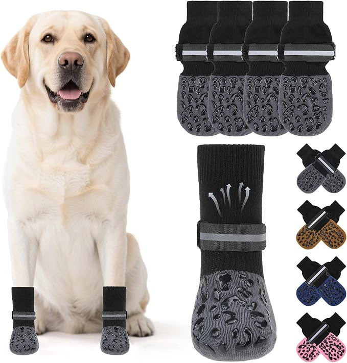 KOOLTAIL Anti Slip Dog Socks to Prevent Licking Paws,Dog Shoes for Hot Pavement, Reflective Traction Control Grip Booties, Dogs Boots & Paw Protector for Hardwood Floors Small Medium Large Senior Dogs