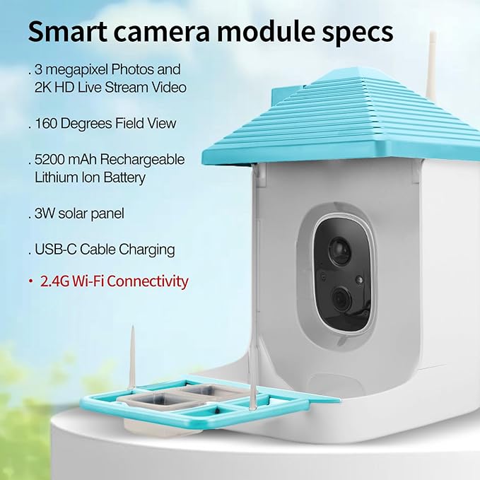 Smart Bird Feeder with Camera,AI Identify Species,Bird House with Solar Powered,Instant Arrival Alerts,2K Capture Video,Live View for Lover (Blue)