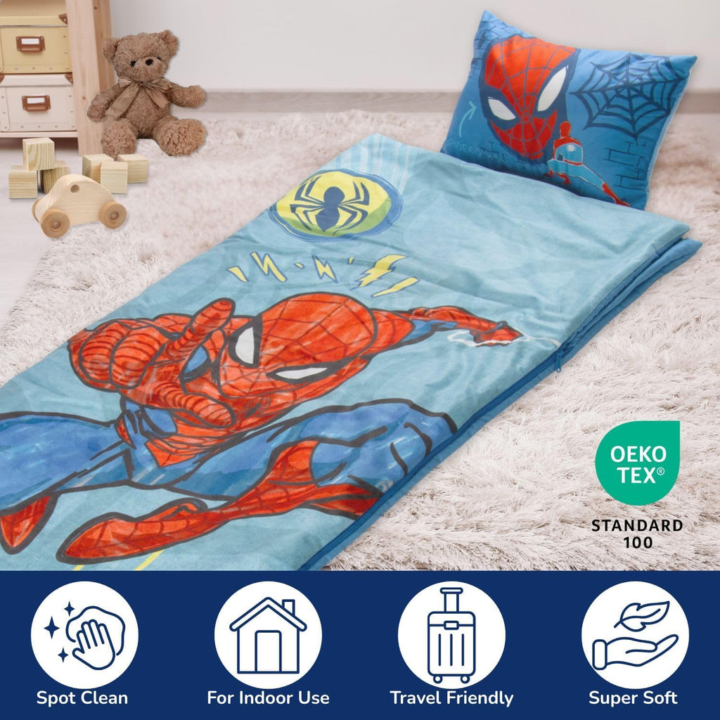 Jay Franco Kids Slumber Bag and Pillow - 54 x 27 Inch Comfy Indoor Sleeping Bag for School and Sleepovers, 2 Piece Set, Blue - Spiderman