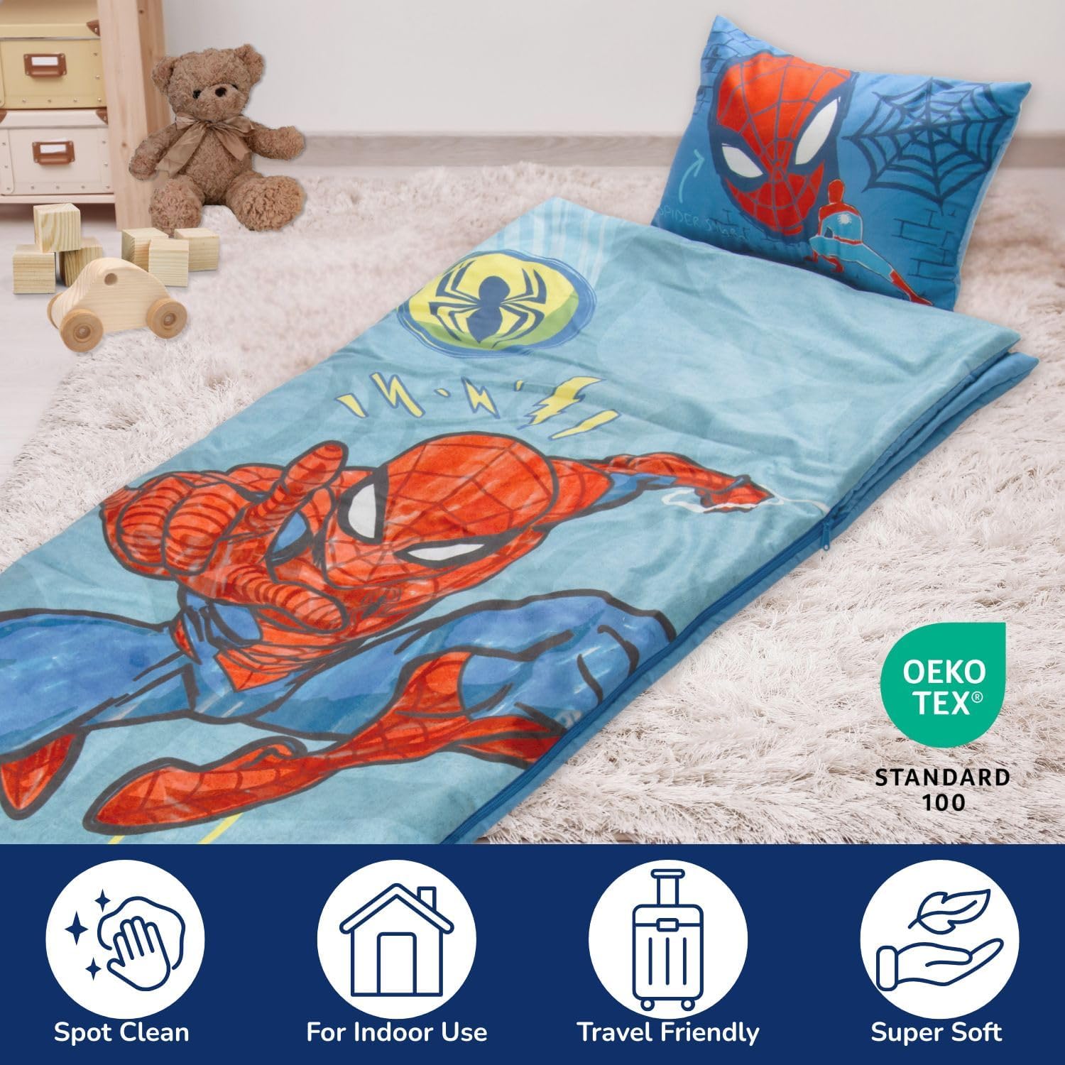 Jay Franco Kids Slumber Bag and Pillow - 54 x 27 Inch Comfy Indoor Sleeping Bag for School and Sleepovers, 2 Piece Set, Blue - Spiderman