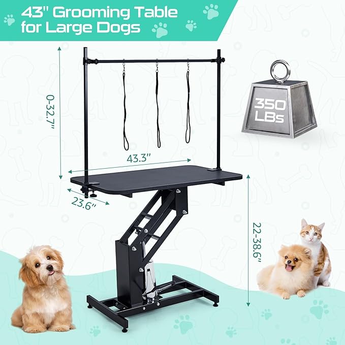 43.6" Pet Grooming Table for Large Dogs, Heavy Duty Height Adjustable Dog Grooming Table With Overhead Arm & Noose Height Range 22''-39'', Maximum Capacity Up to 350 Lbs, Black